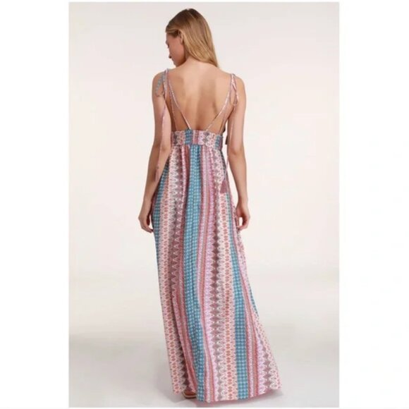 LuLus Maxin Relaxin Maxi Dress Colorful Multi-Print Boho Empire Waist Sz S - Picture 6 of 14